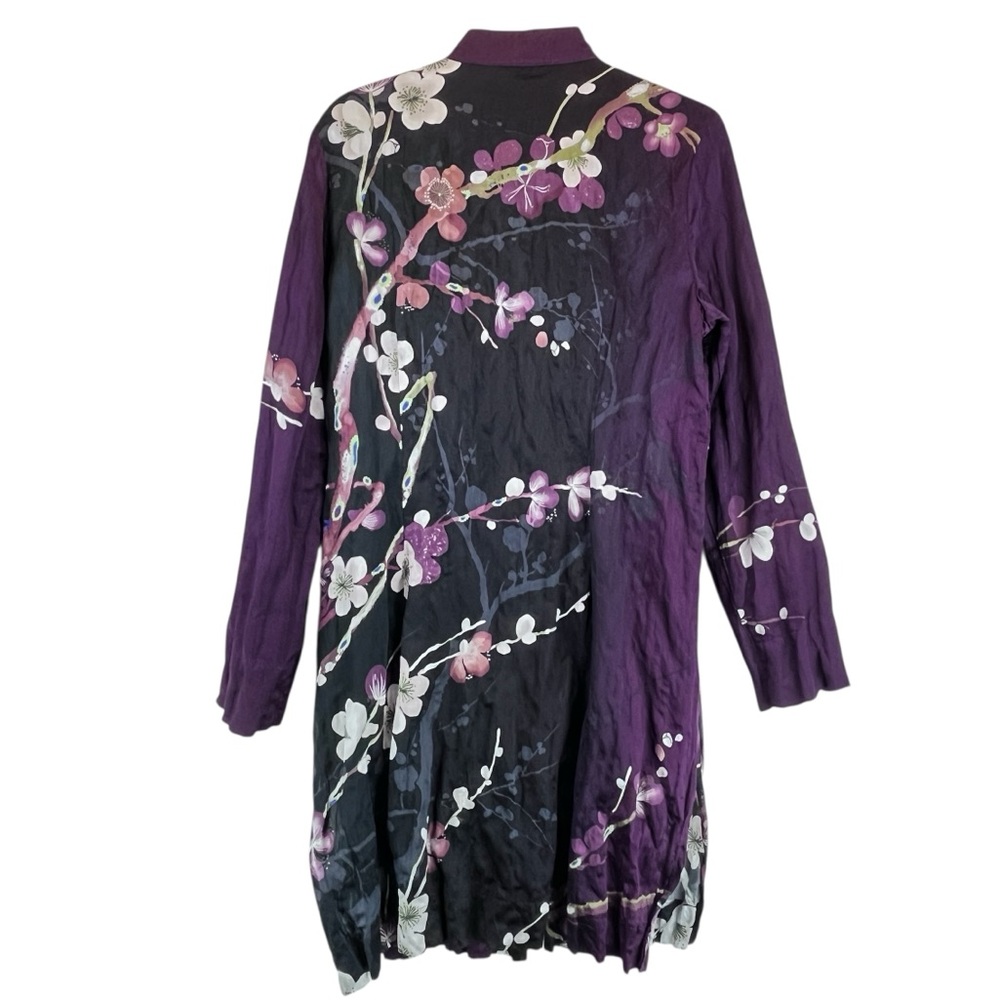 CITRON Santa Monica Floral Silk Cotton Topper Tunic Black Purple Floral Sz M/L - Picture 2 of 14